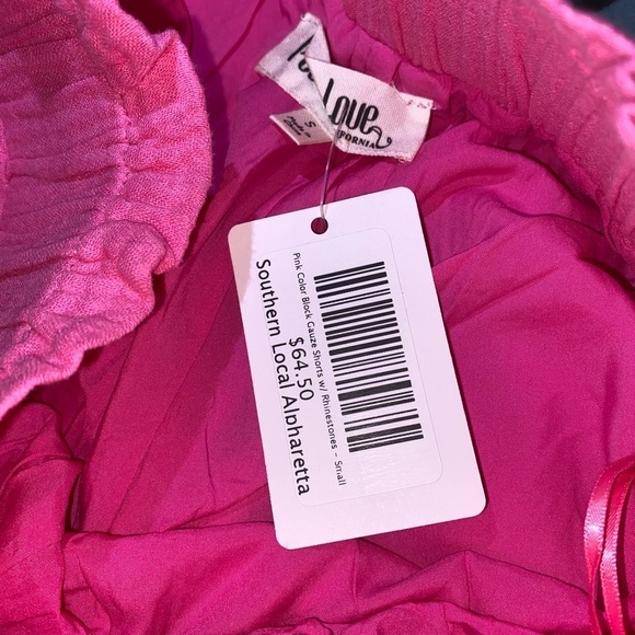 NWT PEACH LOVE RAINA RHINESTONE PINK GAUZE SHORTS WITH “PAPERBAG” ELASTIC WAIST - Picture 8 of 9